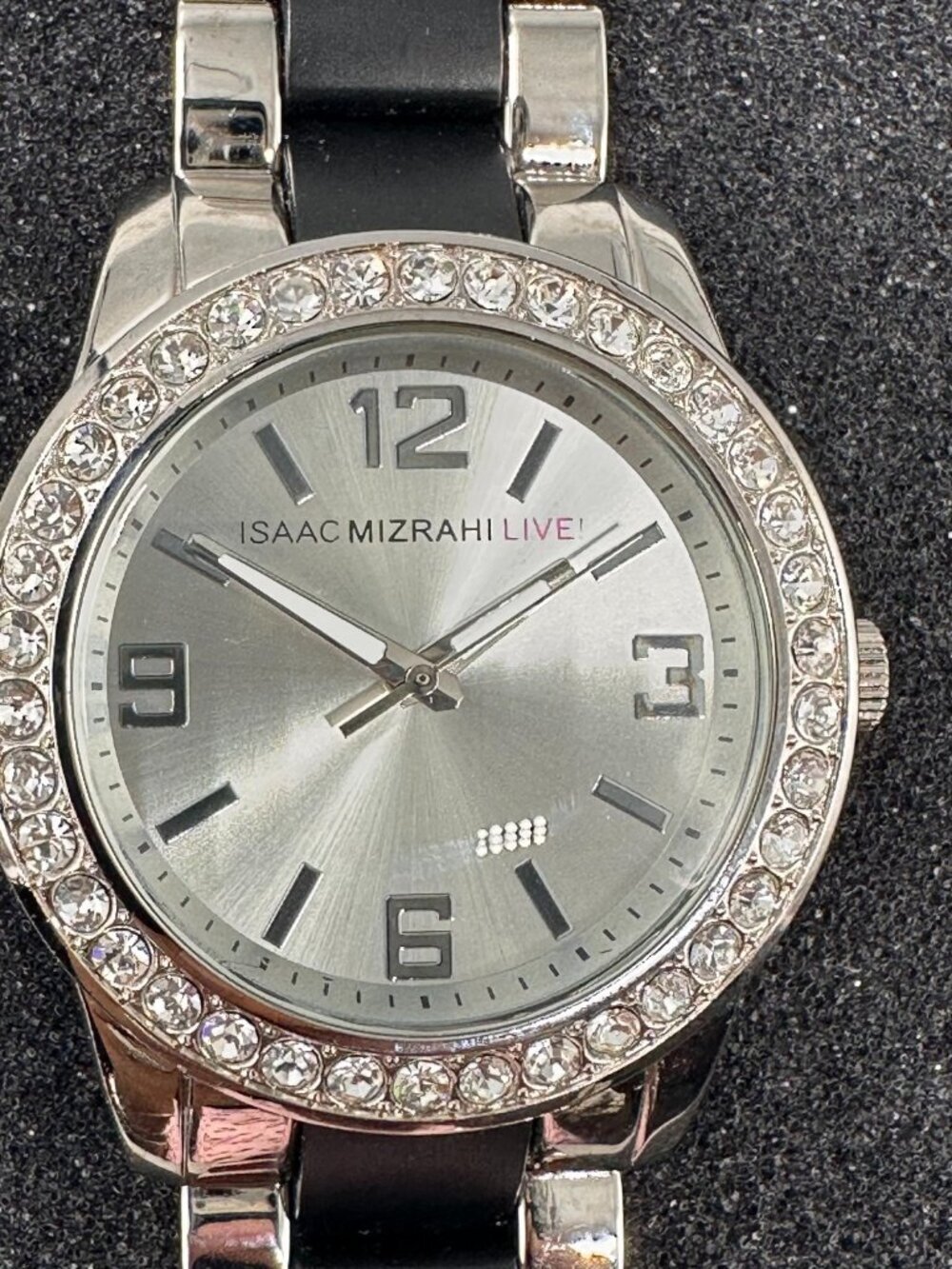 Isaac Mizarhi Live Watch Women Silver Tone Black Crystal Bezel New Battery 6.75"